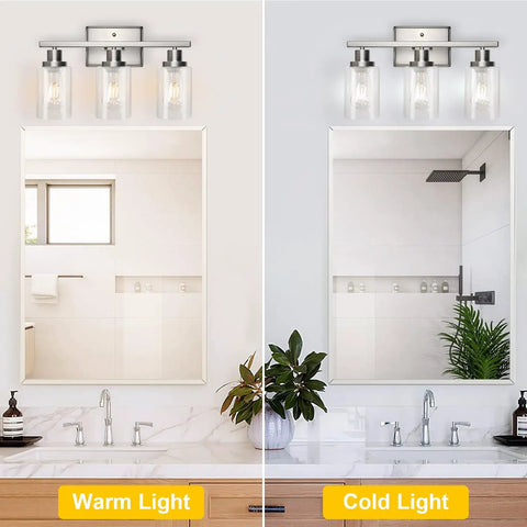 Killer 3 Light Wall Sconces With Clear Glass Shade And Brushed Nickel Finish above bathroom mirror with warm and cold light options.