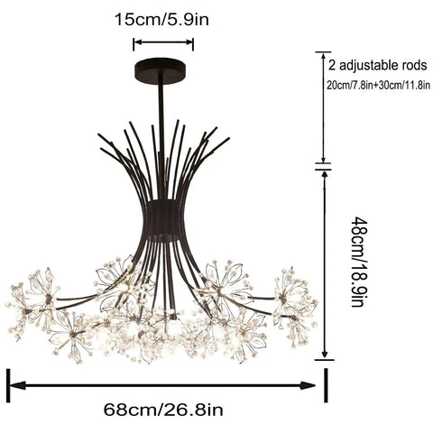 Modern Firework Crystal Dandelion Chandelier Pendant Lighting For Living Room Bedroom Dining Hallway 19 Light Black Ceiling Fixture With Adjustable Rods