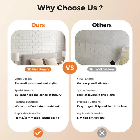 Comparison of white 3D brick wall panels and flat wall stickers for home use