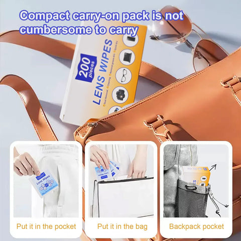 Lens Wipes for Eyeglasses, 200 pieces, individually wrapped; compact pocket travel pack