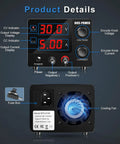 30V 5A Adjustable DC Power Supply With Dope Encoder Knob, 3 Digit LED Display; front and back view with cooling fan and fuse box.