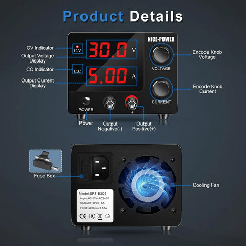 30V 5A Adjustable DC Power Supply With Dope Encoder Knob, 3 Digit LED Display; front and back view with cooling fan and fuse box.