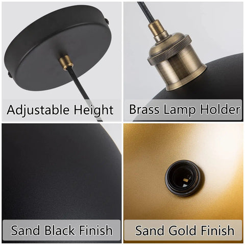 Industrial Black Pendant Light With Gold Finish Large 13.78 Inch Dome Fixture Retro Pendant Lighting For Kitchen Island Dining Room Bedroom Hallway Living Room Farmhouse Style And Modern Vibe