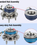 Comparison of standard vs heavy-duty wheel hub assembly with focus on components and design for Pair Front Wheel Hub & Bearing Assembly 5-Lug w/ ABS for Chevy Impala, Monte Carlo, Venture; Cadillac DTS, DeVille; Buick Century, LeSabre, LaCrosse; Pontiac Grand Prix, Oldsmobile Aurora