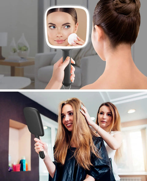 Lighted Handheld Mirror With Three Color Temperature And Dimmable Lights for on the go makeup, woman styling hair