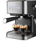 Top Shelf Espresso Coffee Machine With 20 Bar Italian Pump And 1050W Fast Heat Boiler, brewing two shots in espresso glasses.