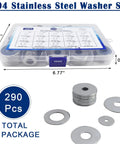 290 Piece Flat Washer Set For Screws Stainless Steel Fender Washers Assortment In M3 To M10 Sizes Must Have Heavy Duty Gear For Auto DIY Projects And Everyday Hardware Fixes, 304 stainless steel case