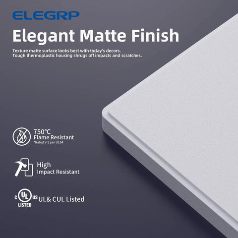 1 Gang Screwless Wall Plate Mid Size Built Tough Unbreakable Thermoplastic Faceplate Cover for Decorator Receptacle Outlet Switch UL Listed Matte White 20 Pack close-up showing matte finish and flame resistance information.
