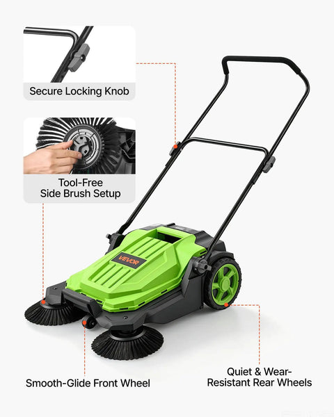 VEVOR Walk-Behind Floor Sweeper With 25.6 Inches Wide Brush And Big Waste Bin Perfect For Picking Up Leaves Grass And Debris From Yards Patios Garages No Battery Or Fuel Needed Super Easy To Push Around