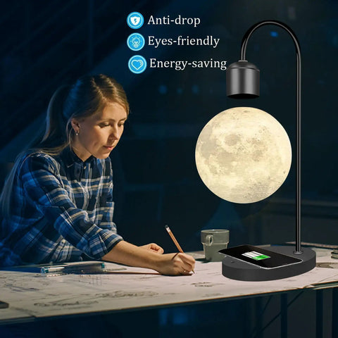 Levitating Lamp With Wireless Phone Charger, Floating Light Bulb Table Light illuminating a desk, Magnetic Levitation Night Light