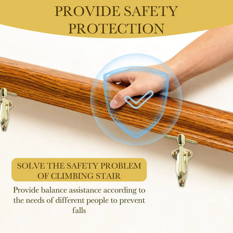 Hand gripping a wooden handrail supported by Straight Up Heavy Duty Bright Brass Handrail Brackets For Indoor Staircase.