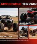 All Terrain Mud ATV UTV Tires 16x8-7 on off-road vehicles in various terrains: loose loam, hard-pack, mud, and sand.