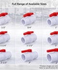 Various sizes of PVC shut off ball valves, showing 3 inch 150 psi Schedule 40 threaded ends for potable water and irrigation.