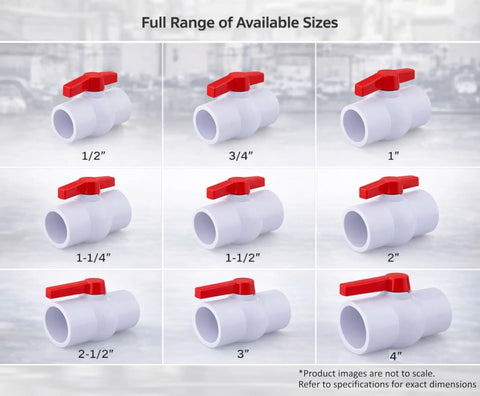 Various sizes of PVC shut off ball valves, showing 3 inch 150 psi Schedule 40 threaded ends for potable water and irrigation.