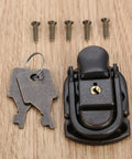 Antique Iron Box Lock Hasp 58x34mm Vintage Wooden Toggle Latch for Jewelry Boxes with screws and keys on wooden surface