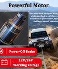 Powerful 4500 Lbs Electric Winch For Your Ride With 24V Muscle And Steel Cable Recovery Gear, close-up of the motor and Jeep image.