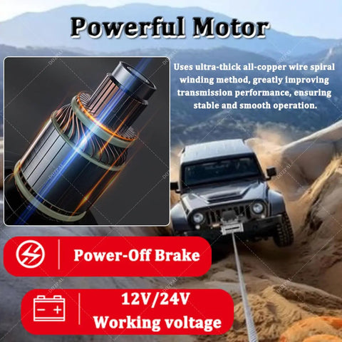 Powerful 4500 Lbs Electric Winch For Your Ride With 24V Muscle And Steel Cable Recovery Gear, close-up of the motor and Jeep image.
