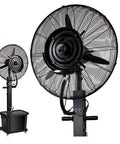 Kick Some Serious Heat With This Rugged Industrial Cooling Mist Fan Featuring Wide Angle Oscillation And Heavy Duty Humidification For Commercial Patios And Superior Air Circulation, showcasing large black fan with misting feature.