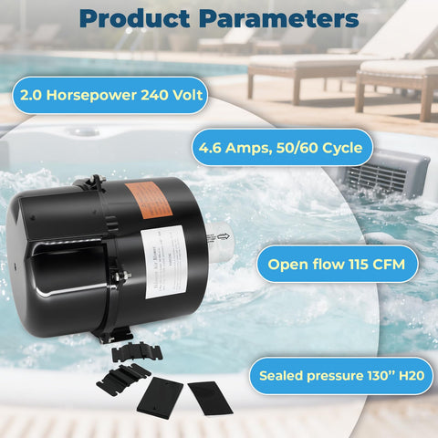 Image of 2 HP 240V Spa Blower Replacement For Air Supply Quiet Shock Absorbing Easy Installation For Pool Hot Tub And Spa Plumbing