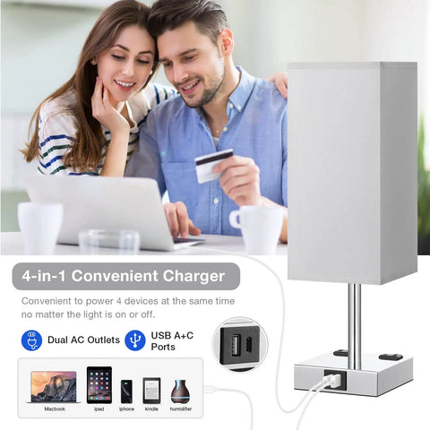 Touch Control Bedside Lamp With USB C And USB A Ports Dual AC Outlets 3 Way Dimmable Nightstand Light For Bedroom and Office