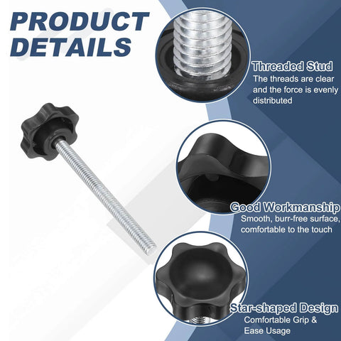 Two Pack 5/16-18 Star Knobs With 3.7 Inch Threaded Stud Plastic Male Clamping Knobs For Hand Tightening Replacement On Industrial Furniture Tools Jigs And Clamps Black Heavy Duty Grip shown with threaded stud, smooth surface, and star-shaped design.