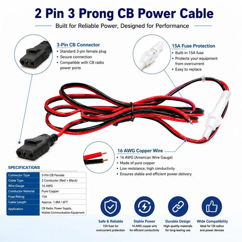 In Vehicle CB Radio Power Cord With 3 Pin Plug 2 Wire 16 AWG Fused Cable 15 Amp Auto Fuse White Color One Point Five Meter Reach Easy Plug In For Most CB Radios And Ham Radios displayed with specifications