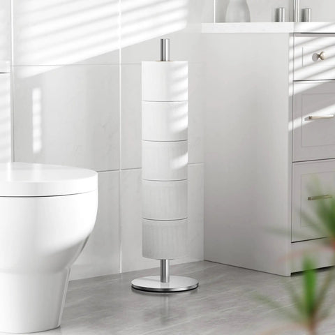 Stainless Steel Freestanding Toilet Paper Holder Stand with Shelf for Spare Rolls Waterproof and Rustproof Bathroom Storage Organizer