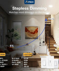 Amico stepless dimming LED lights shown in a modern living space, illustrating compatibility with dimmers, warm atmosphere.