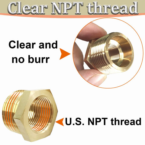 Brass reducer hex bushing pipe fitting, 3/8 MNPT to 1/8 FNPT, heavy-duty