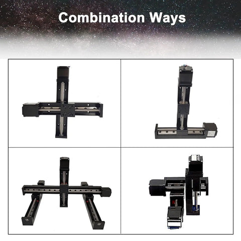 Various configurations of 10 Inch Stroke Mini Linear Rail Stage Actuator for DIY CNC with NEMA11 stepper motor.
