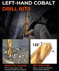 19-piece screw extractor and left-hand drill bits set; cobalt HSS drill bits with 135° apex angle