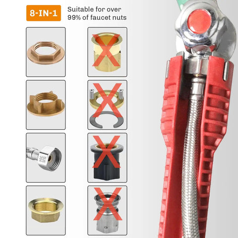 14 In 1 Tap Spanner Tool for Faucet Installation And Plumbing Repair, red handle showing compatible and non-compatible faucet nuts.