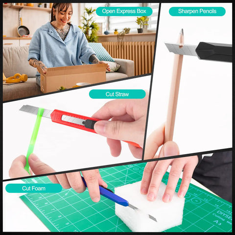 24 Pack 9mm Wide Box Cutters Retractable Utility Knife Set For Heavy Duty Office Home Use Arts Crafts And DIY Projects in action