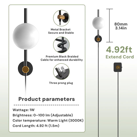 LED Night Lights Plug In 2 Pack With Dusk To Dawn Sensor, adjustable brightness, 4.92ft cord, product parameters shown