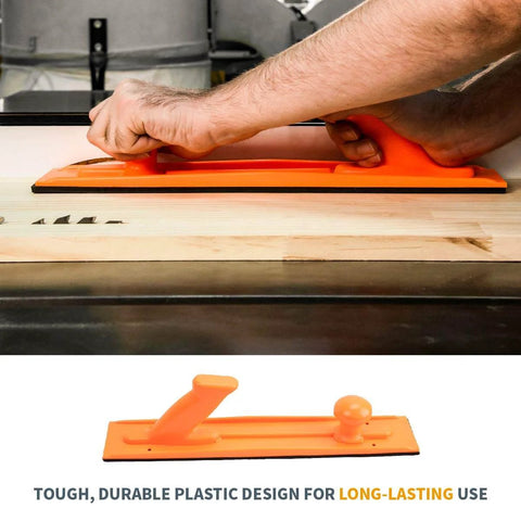 Person using orange push block from Table Saw Safety Accessories 6-Piece Set With Push Block, Push Sticks And Taper Jig for Router Tables.