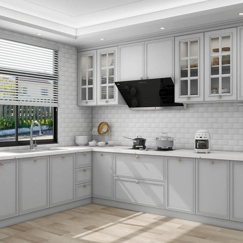 Modern kitchen with white cabinets using Gray Peel And Stick Wallpaper Matte Textured Self Adhesive Vinyl Film For Cabinets And Walls 24 X 394 Inches Waterproof Easy To Install With Grid Backing Removable And Reusable Home Decor Makeover Budget Friendly.