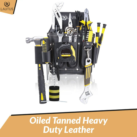 Oiled Tanned Heavy Duty Tool Belt Pouch Four Pocket Design With Pro Grade Leather And Riveted Reinforcements For Framer Carpenter Construction Handyman And Electrician filled with various tools