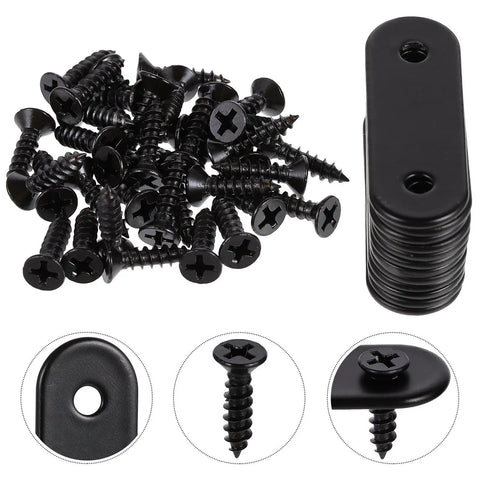 Heavy Duty Black Stainless Steel Brace Brackets For Wood Furniture And PCs with screws and close-up views