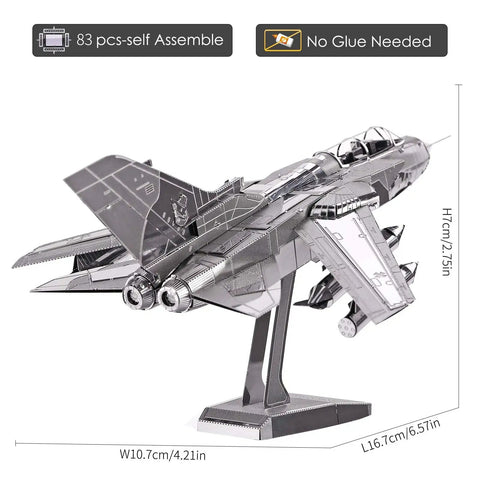 3D Metal Puzzle Tornado Fighter Jet Kit for Adults and Teens, 83-Piece DIY Military Aircraft Model on display