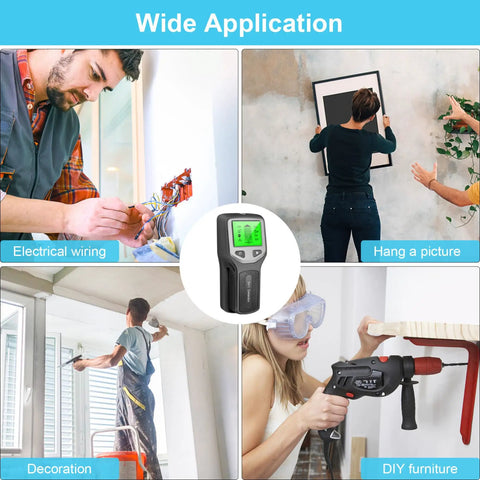 TusaMer Stud Finder Wall Scanner, 5 in 1 Stud Detector with LCD Display for Wood Metal and AC Wire Detection shown in use for electrical wiring and DIY projects.
