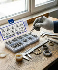 Get This Huge 1216 Piece G100 Chrome Steel Ball Bearings Kit Crafted From Aisi 52100 High Carbon Steel Hardened To Sixty Six Rockwell For Max Strength In Eight Sizes From One Half Inch Down To Three Thirty Seconds Great For Repairing Drawer Slides And, open kit with tools on workbench
