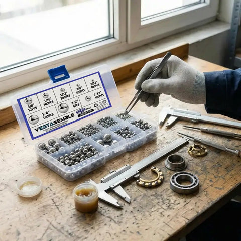 Get This Huge 1216 Piece G100 Chrome Steel Ball Bearings Kit Crafted From Aisi 52100 High Carbon Steel Hardened To Sixty Six Rockwell For Max Strength In Eight Sizes From One Half Inch Down To Three Thirty Seconds Great For Repairing Drawer Slides And, open kit with tools on workbench
