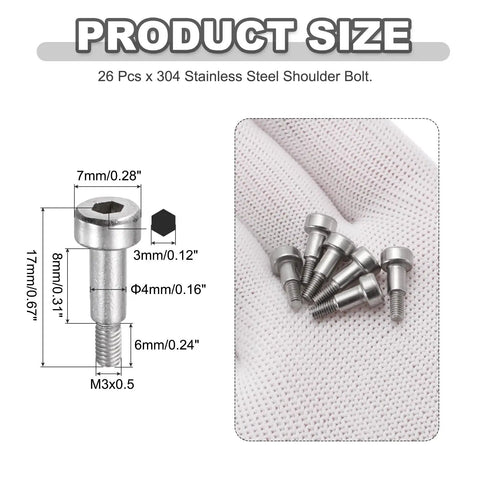 Shop Beef M3x0.5 Metric Shoulder Bolts Forged From Premium 304 Stainless Steel With Deep Hex Socket Drive 4Mm Shaft And 6Mm Length For Heavy Duty Machinery Builds showing dimensions and details of 26 pcs.