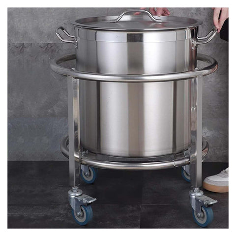 Heavy Duty Steel Drum Dolly Cart For Moving Industrial Barrels Kitchen Soup Pots And Milk Buckets Adjustable Height Roller Rack with a large pot.