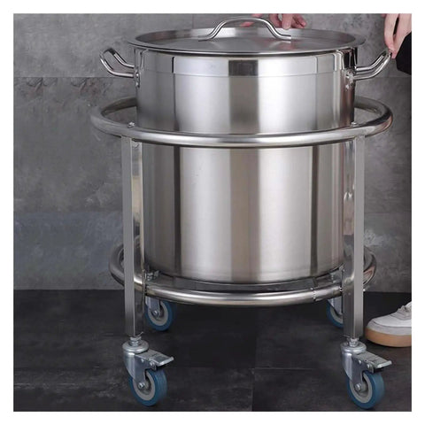 Kickass Heavy Duty Drum Rack And Commercial Soup Pot Trolley For Rolling 50 Cm Adjustable Barrels With Sturdy Steel Build, featuring a stainless steel pot with lid.