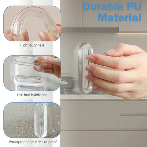 Four Pack Clear PU Self Adhesive Recessed Finger Pulls on glass surface showcasing durable waterproof material