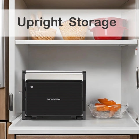 Multi Purpose Compact Contact Grill Sandwich Maker Panini Press With Floating Hinge Non Stick Plates stored upright in a kitchen cabinet.