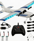 Beginner Friendly 2.4GHz RC Plane with 3 Axis Gyro, 2 Channel RTF Glider set including remote, batteries, and accessories.