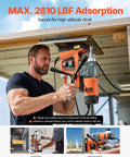 VEVOR magnetic drill press, orange/gray, 1300W, 1.57" bore, front view in use on metal.