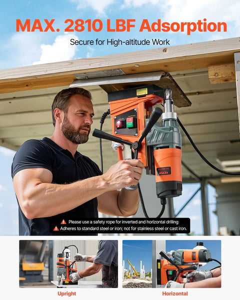 VEVOR magnetic drill press, orange/gray, 1300W, 1.57" bore, front view in use on metal.